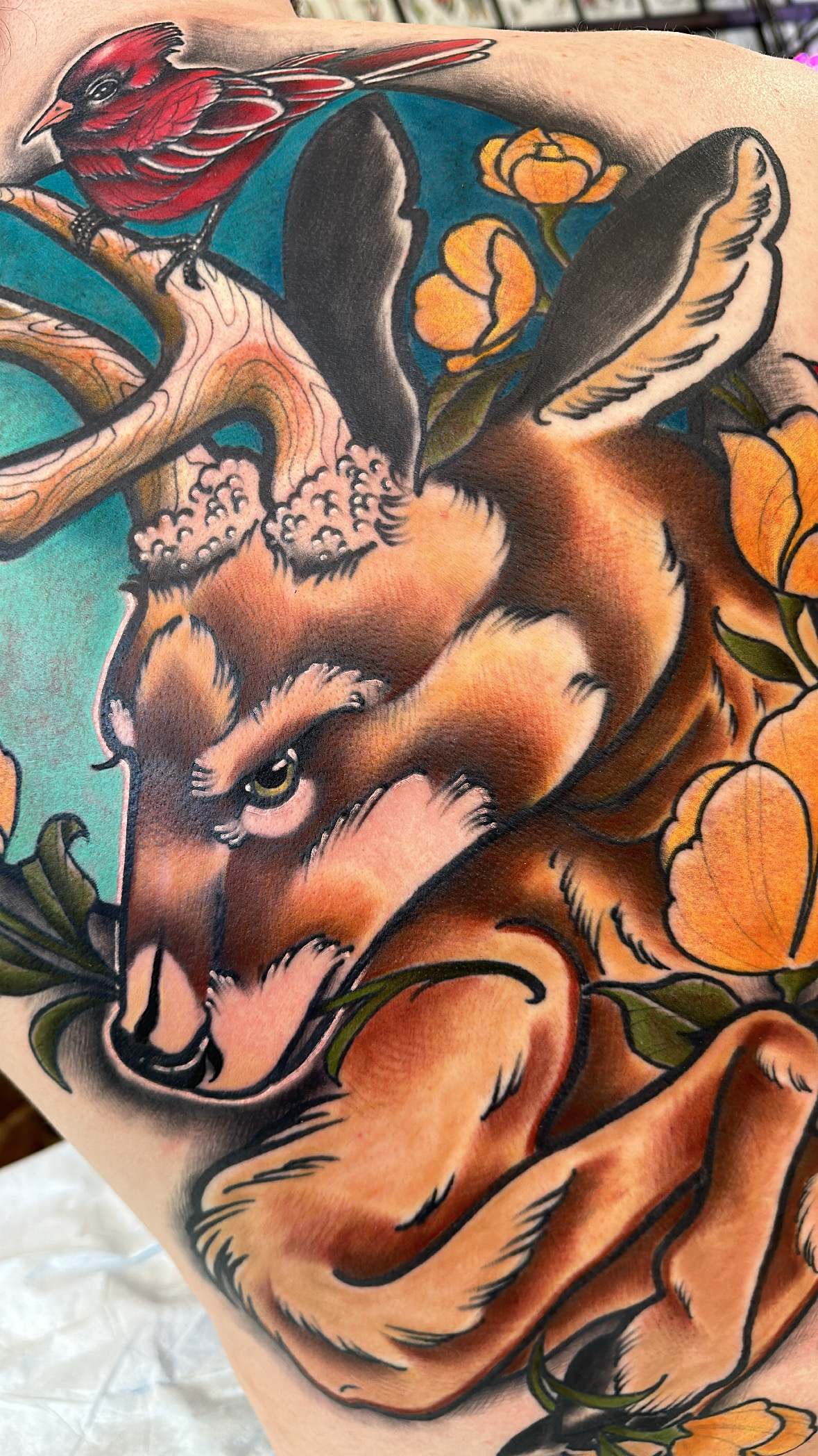 Fox and cardinal with golden roses, neo traditional tattoo by Mariella in Knoxville TN