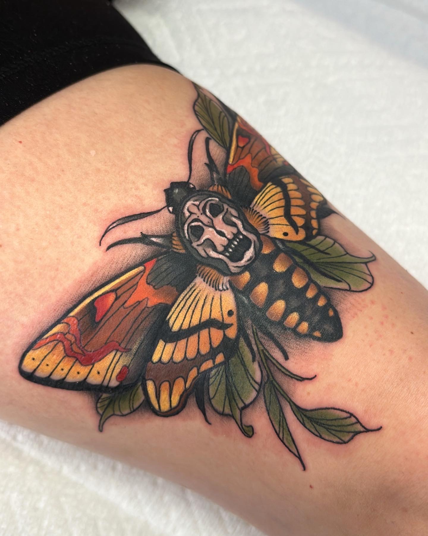 Death's head moth with green leaves, neo traditional tattoo by Mariella