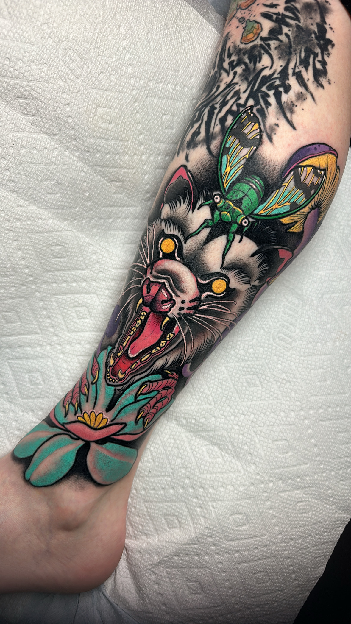 Cat with cicada and lotus, neo traditional tattoo by Mariella