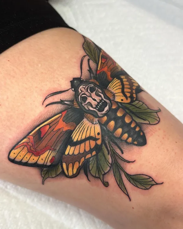 Death's head moth with green leaves, neo traditional tattoo by Mariella