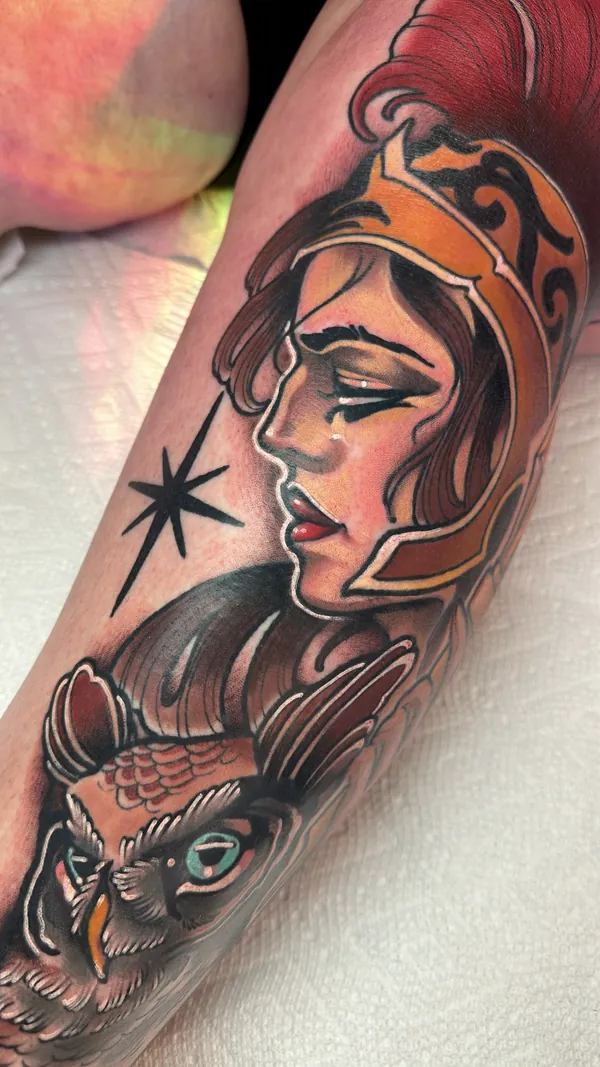 Athena with owl and shooting star, neo traditional leg tattoo by Mariella